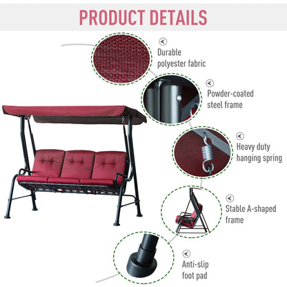 3-Person Porch Swing Chair, Adjustable Canopy, Thicken Cushion, Weather Resistant Steel Frame, Wine Red Porch Swings with Canopy at Gallery Canada