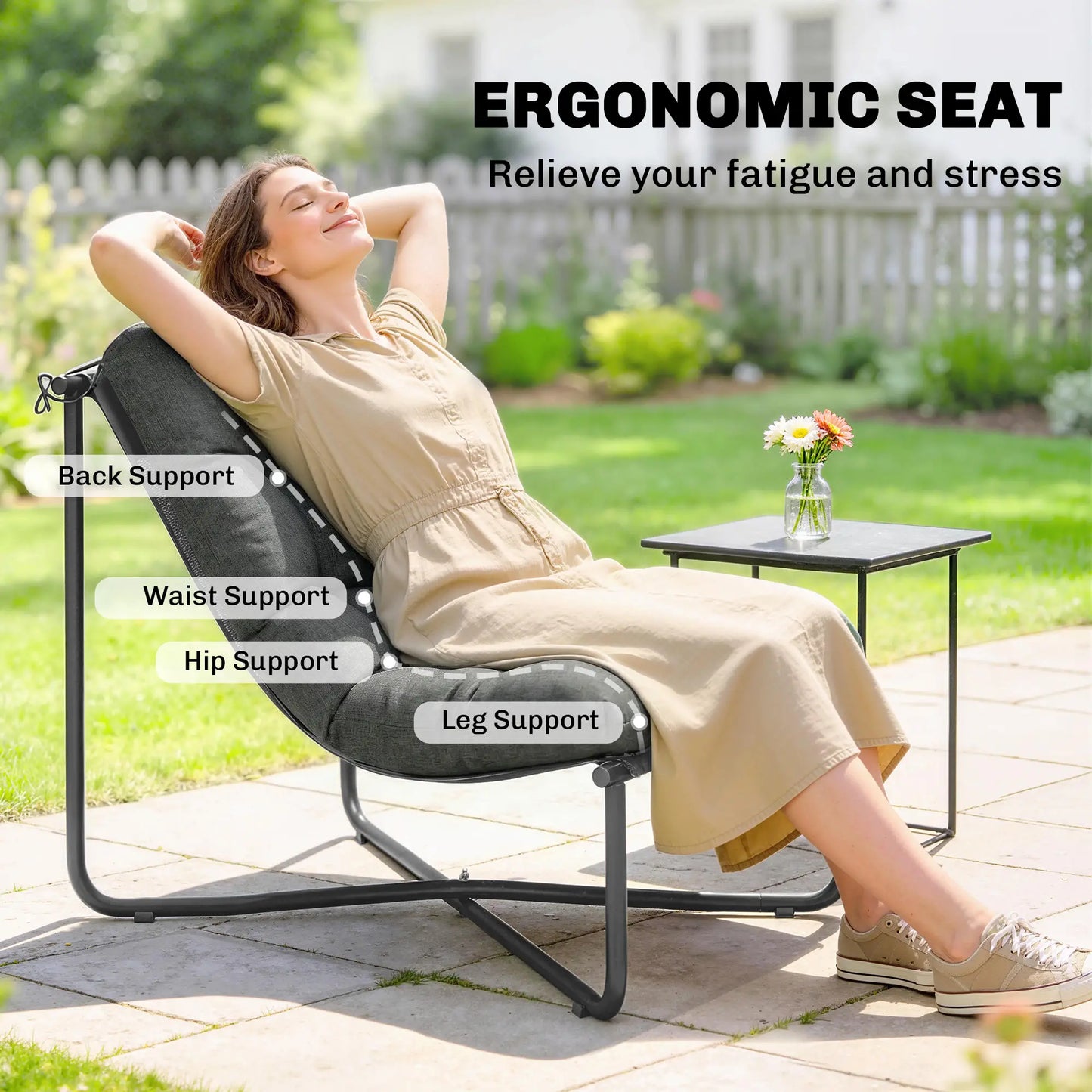 Outdoor Patio Chair, Comfy Sling Lounge With Cushion, Steel Frame, Dark Grey Patio Chairs at Gallery Canada