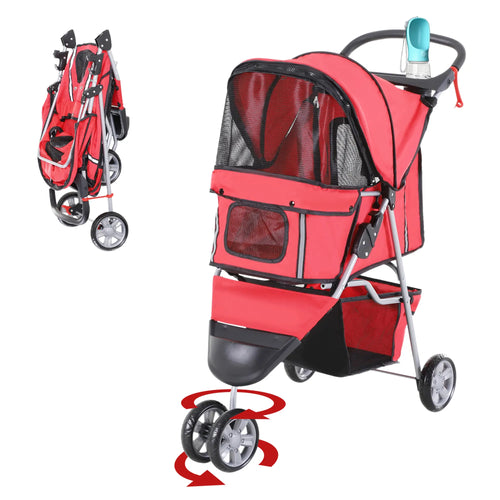 3 Wheel Foldable Dog Stroller, Storage Basket, Adjustable Canopy, Cupholder, Red