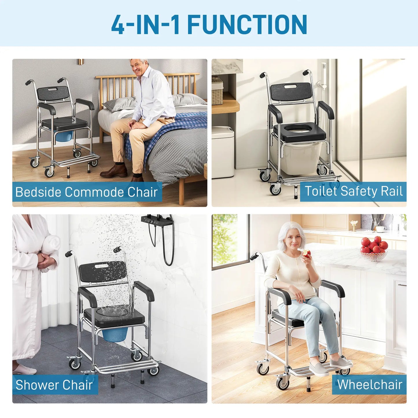 3-in-1 Shower Commode Wheelchair, Transport Chair with Padded Seat Bath Chairs at Gallery Canada