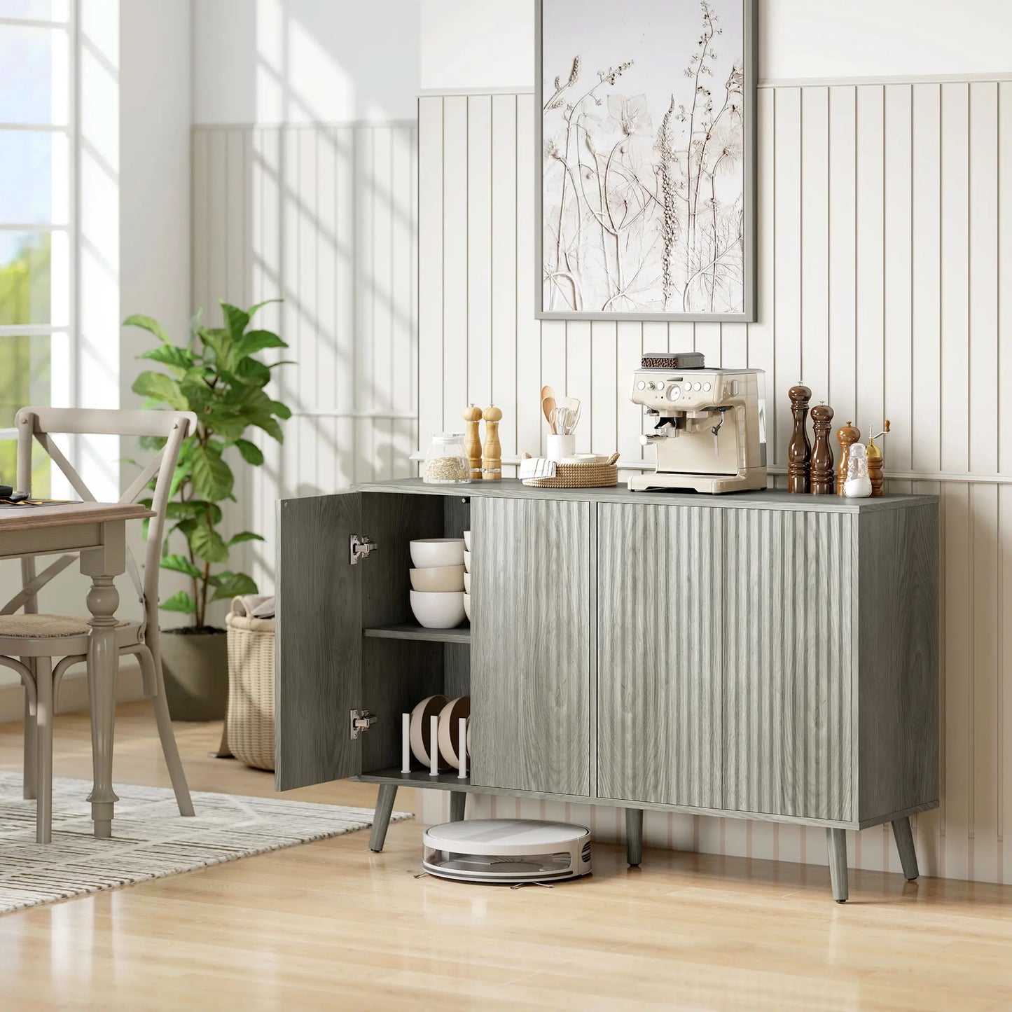 Fluted Sideboard with Adjustable Shelves, Light Grey Bar Cabinets at Gallery Canada