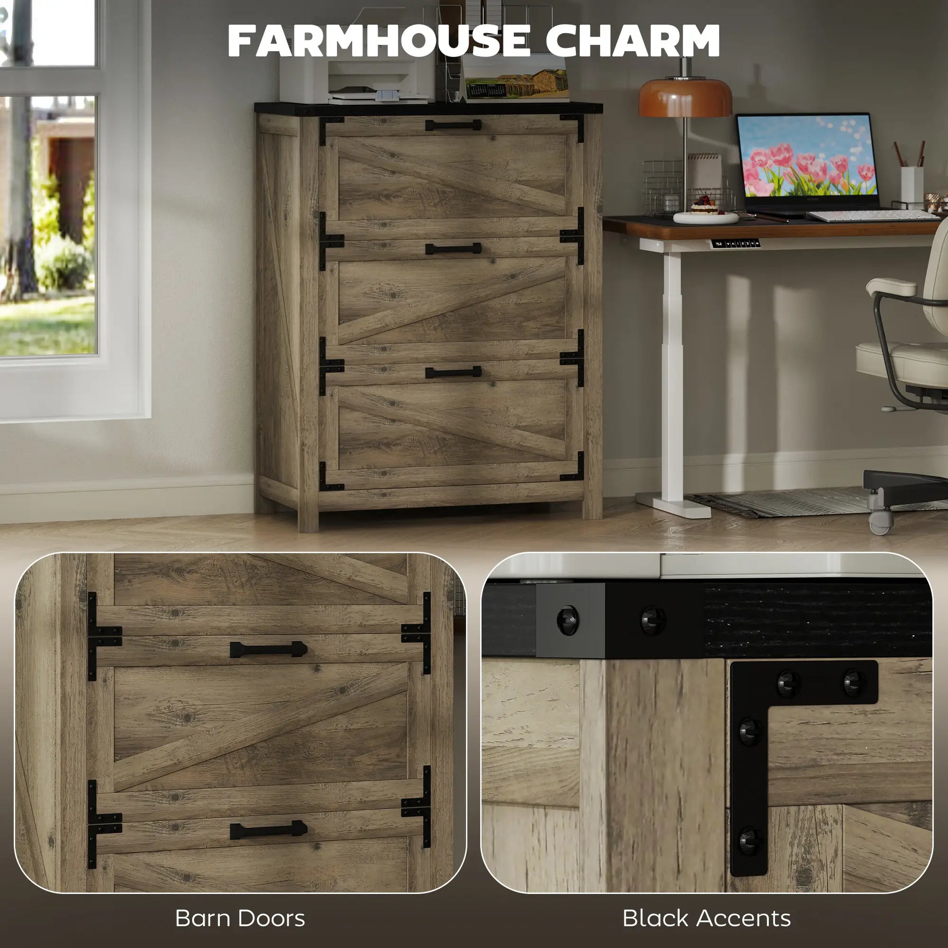 3 Drawer Filing Cabinet, Farmhouse Office Storage, Adjustable Hanging Bars, Grey Office Cabinets & Cupboards at Gallery Canada