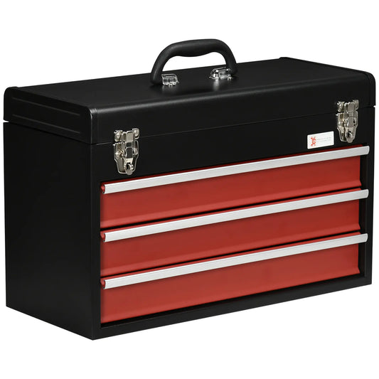 20" Portable Metal Tool Box, 3 Drawer Lockable Chest, Red Tool Organizers Black, Red at Gallery Canada