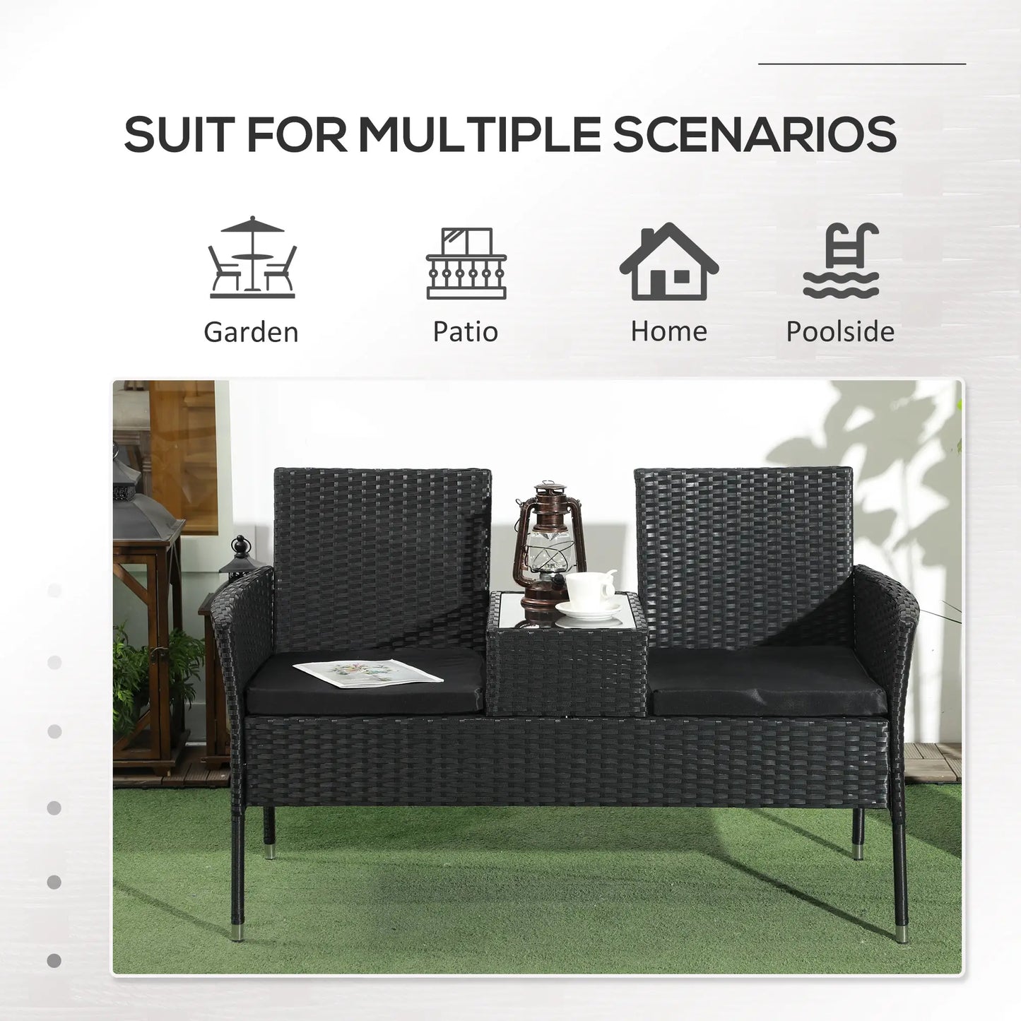 PE Rattan Loveseat with Cushion, Mid-Table, Black Patio Chairs at Gallery Canada