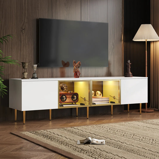 TV Stand, 4 Doors, Handles, Tempered Glass, LED Light, 67" L x 14.5" W x 18.5" H, White+Gold TV Stands White, Gold at Gallery Canada