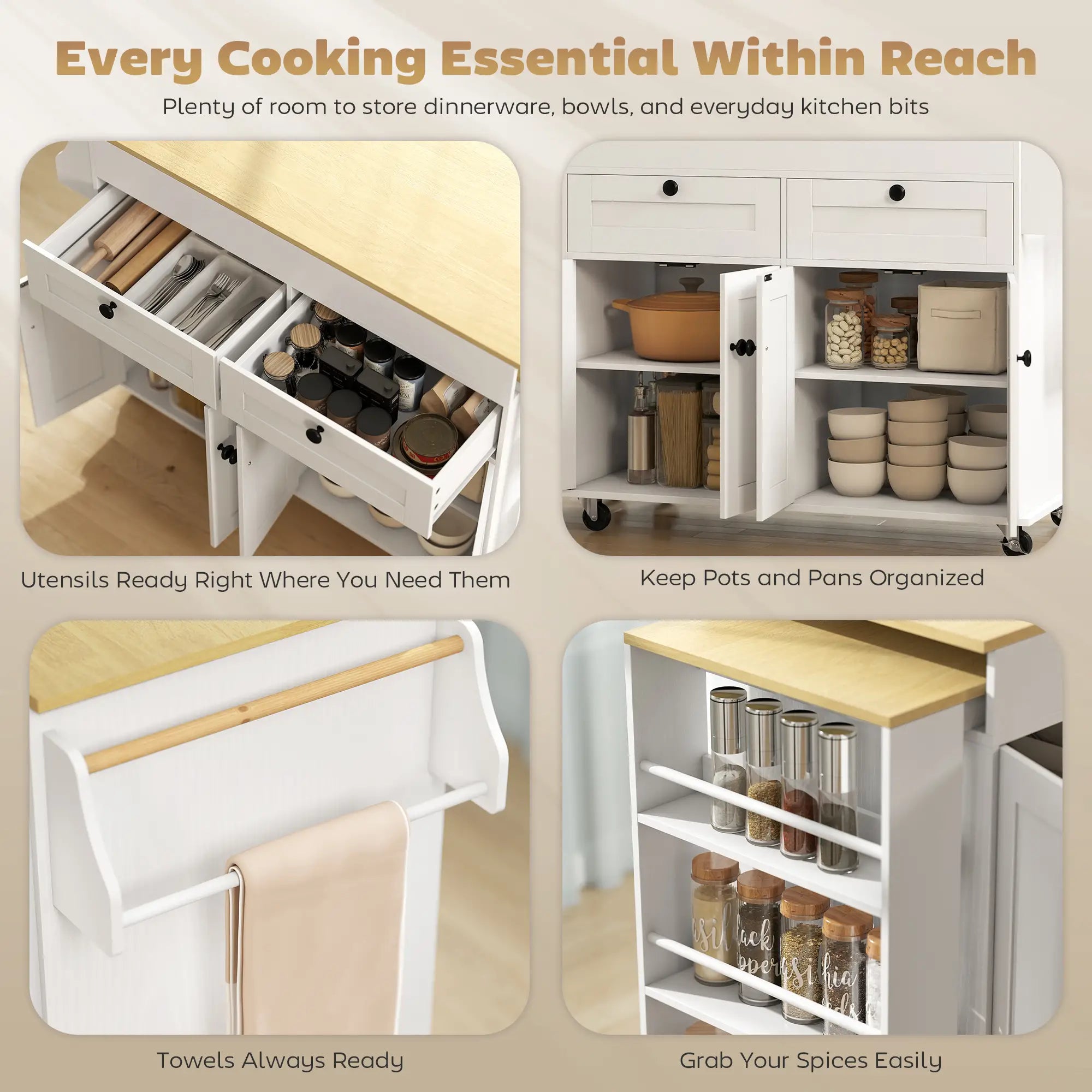 Kitchen Island With Sliding Expandable Top, Rolling Cart, White Kitchen Islands & Kitchen Carts at Gallery Canada