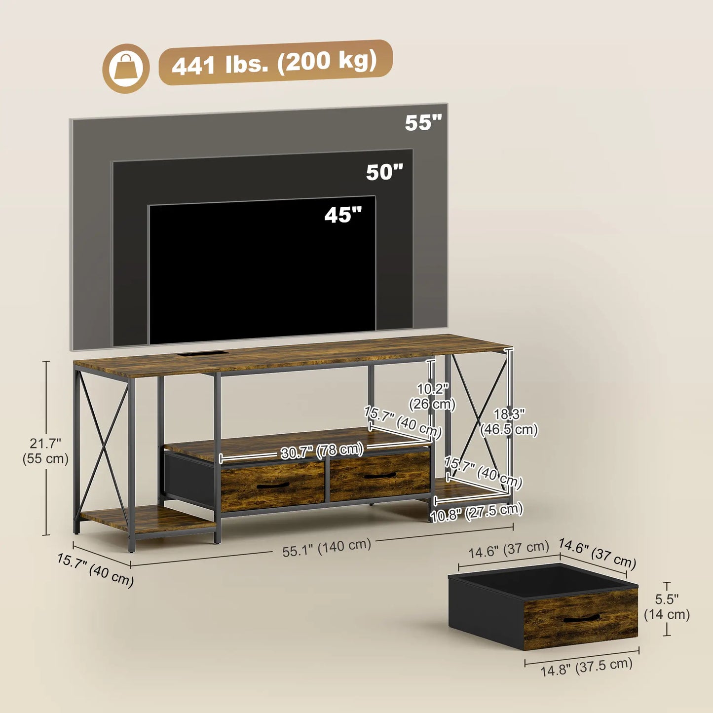 Industrial TV Stand For 55 Inch, Rustic Brown, Charging Station, RGB LED, Brown TV Stands at Gallery Canada