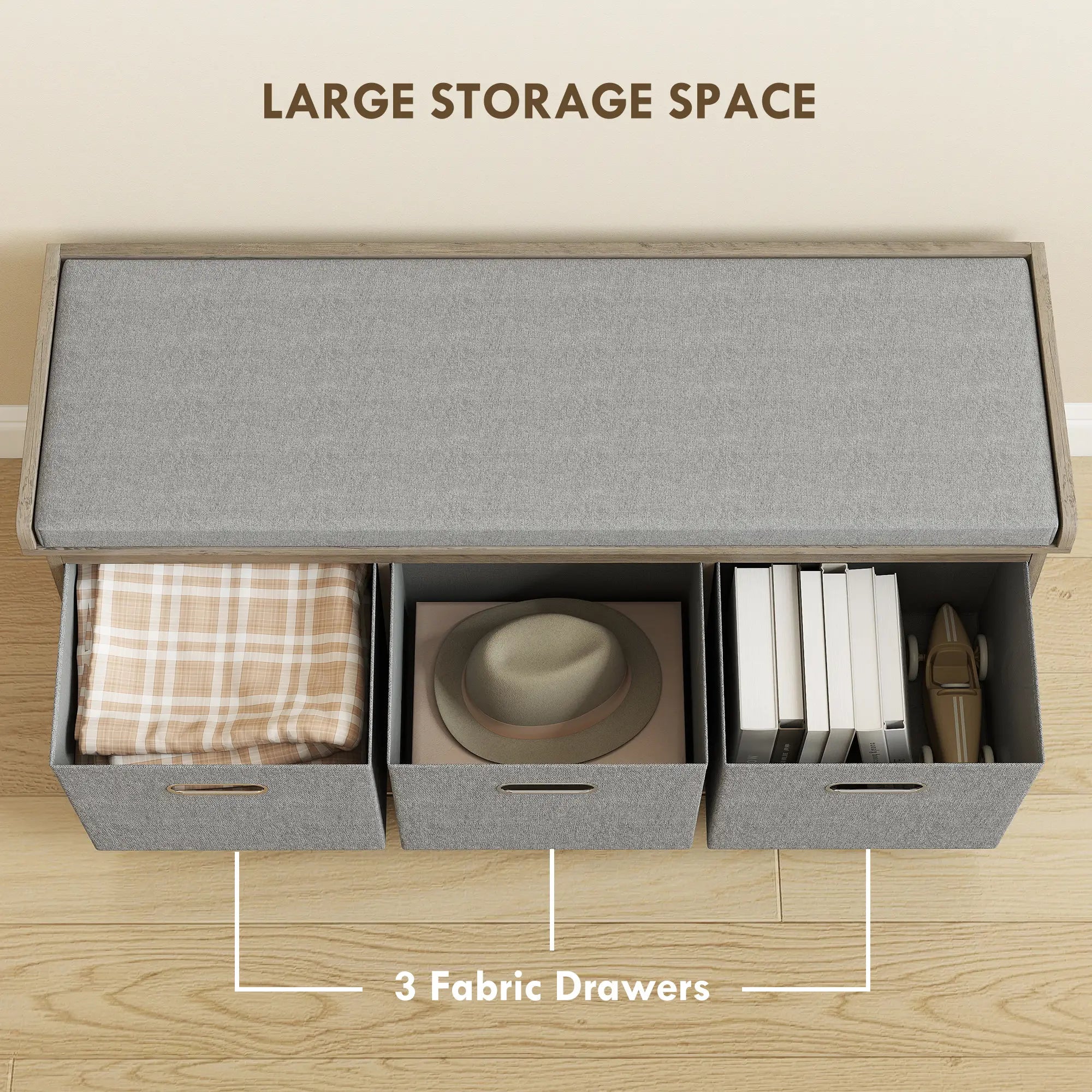 Shoe Storage Bench with Seat, 3 Fabric Drawers, Washed Grey Shoe Storage Cabinets & Racks at Gallery Canada