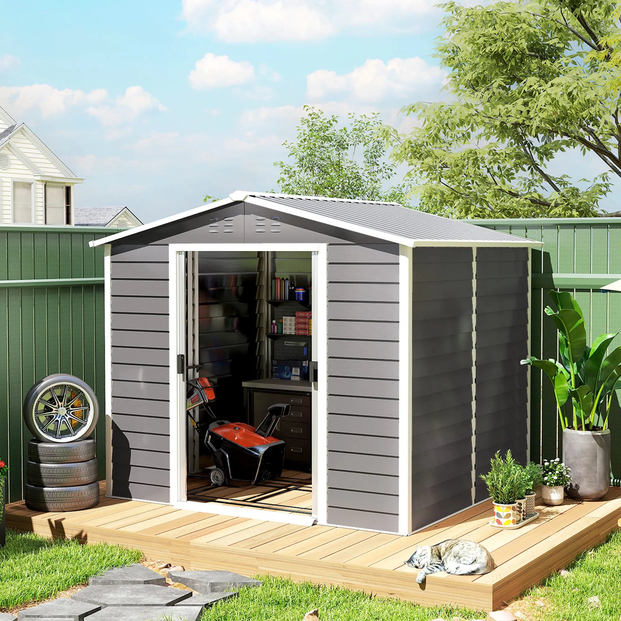 8' x 7' Outdoor Storage Shed, Galvanized Metal, Lockable Doors, Light Grey Sheds at Gallery Canada