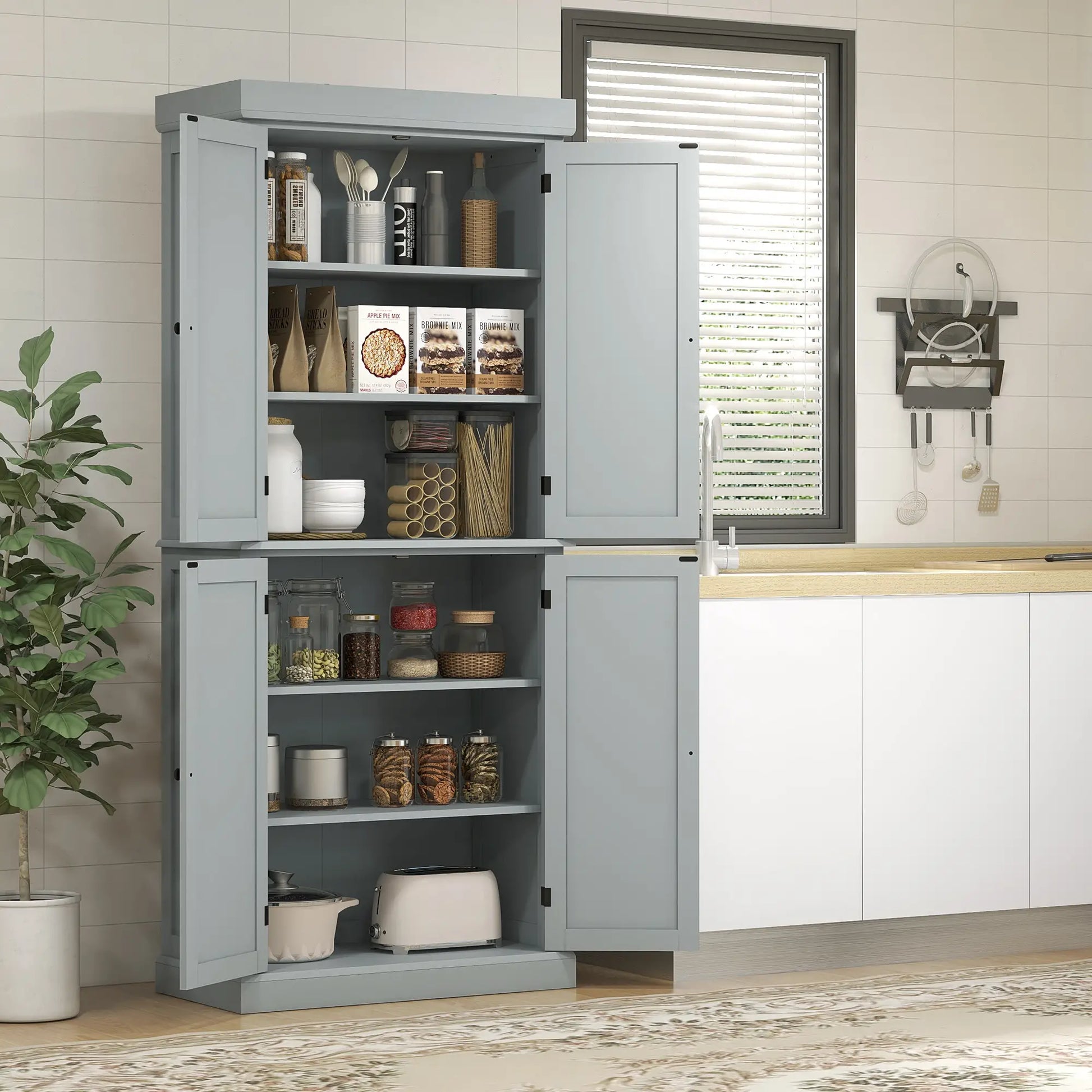 72.5" Freestanding Kitchen Pantry, 4 Doors, Grey Kitchen Pantry Cabinets at Gallery Canada