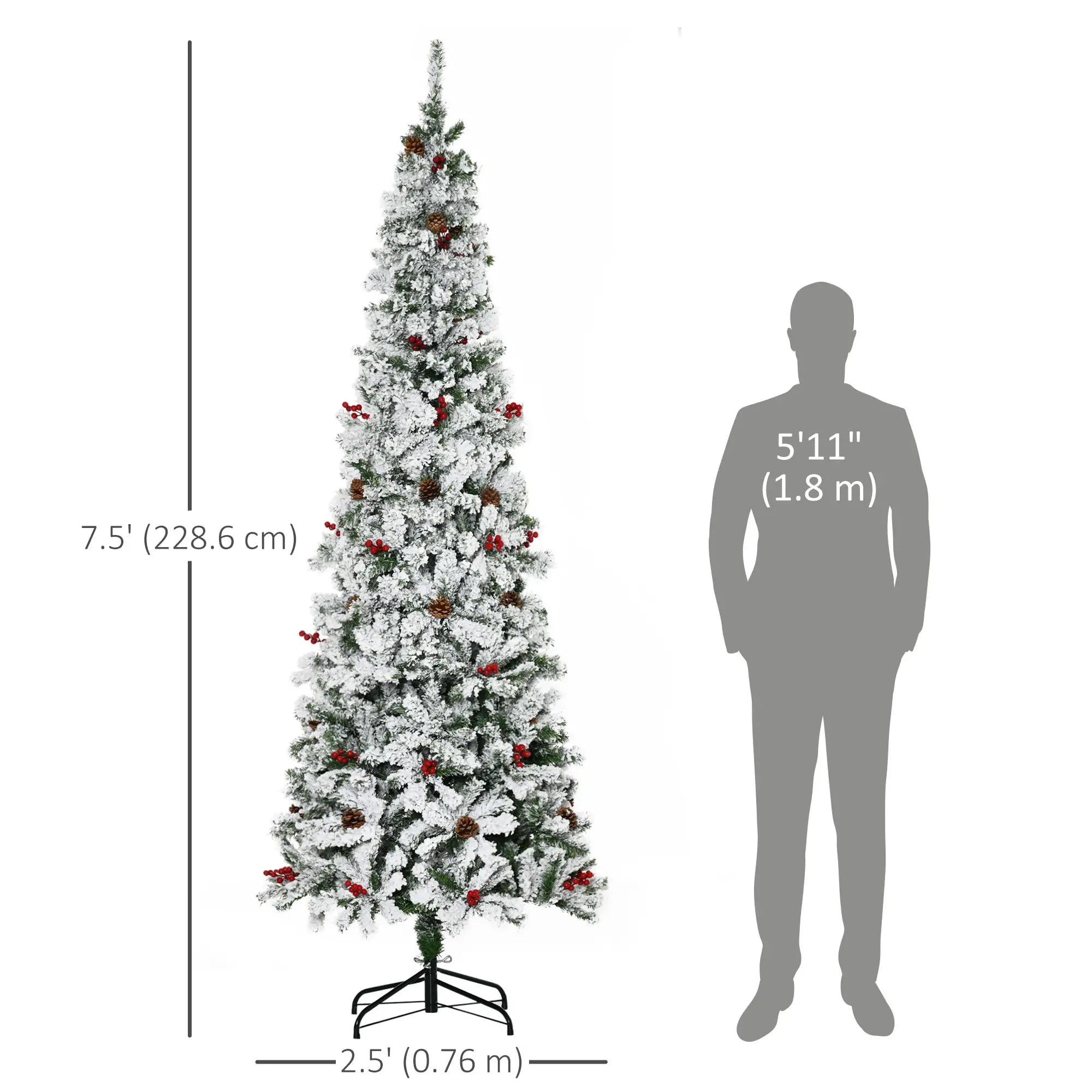 7.5 Foot Flocked Artificial Christmas Tree, 950 Pine Branches, Pine Cones, Red Berries, Green Pencil Christmas Trees at Gallery Canada