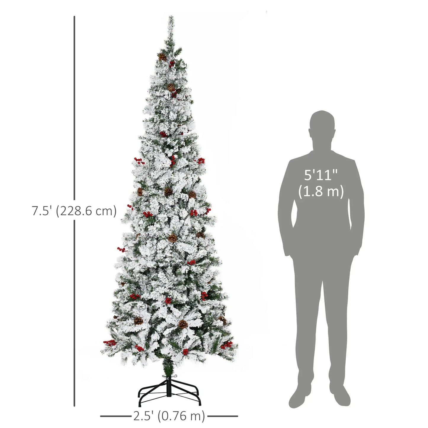 7.5 Foot Flocked Artificial Christmas Tree, 950 Pine Branches, Pine Cones, Red Berries, Green Pencil Christmas Trees at Gallery Canada