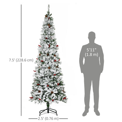 7.5 Foot Flocked Artificial Christmas Tree, 950 Pine Branches, Pine Cones, Red Berries, Green Pencil Christmas Trees at Gallery Canada