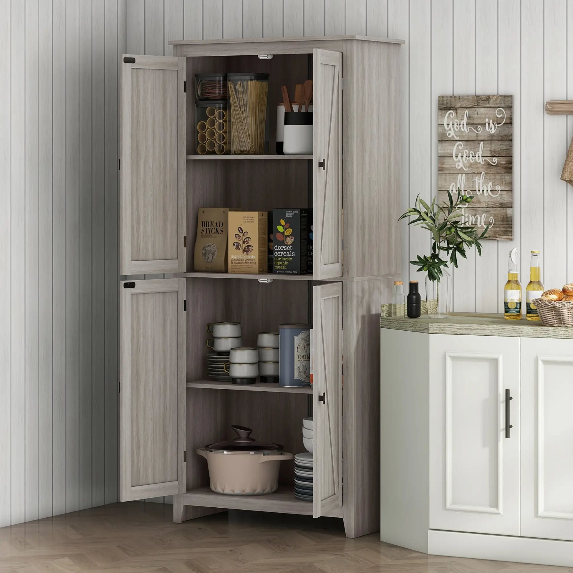 72" Freestanding Storage Cabinet, Kitchen Pantry with Doors, Shelves, Grey Kitchen Pantry Cabinets at Gallery Canada