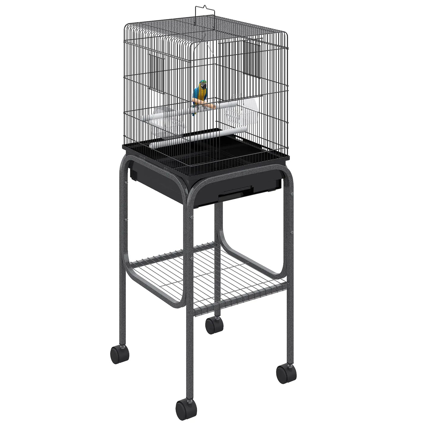 44.5"H Metal Bird Cage, Parrot Play Stand, Wheel, Storage Shelf, Black Bird Cages Black at Gallery Canada
