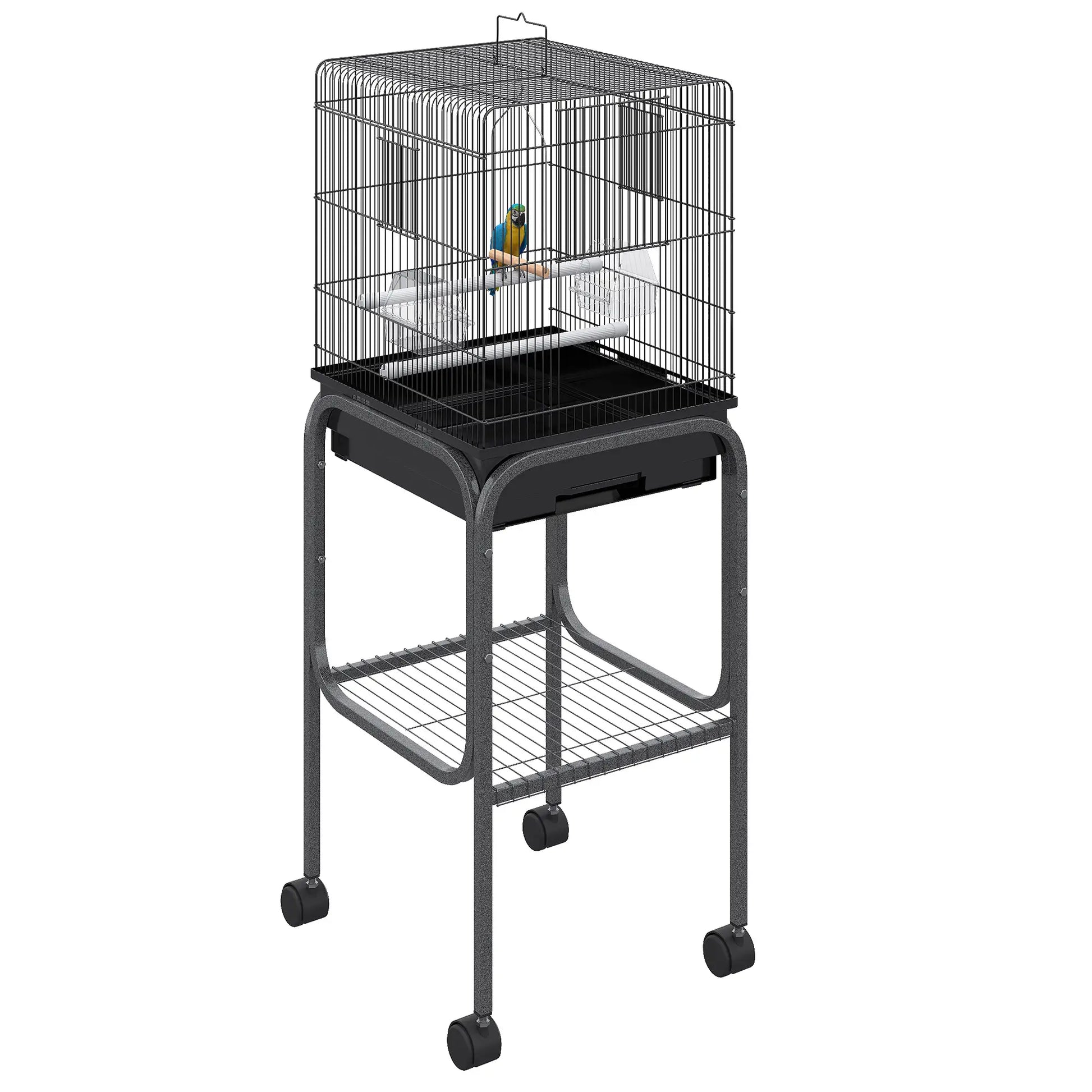 44.5"H Metal Bird Cage, Parrot Play Stand, Wheel, Storage Shelf, Black Bird Cages Black at Gallery Canada