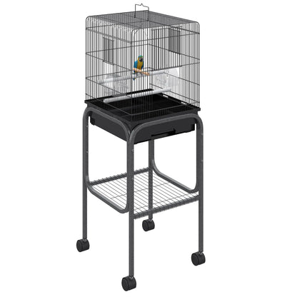 44.5"H Metal Bird Cage, Parrot Play Stand, Wheel, Storage Shelf, Black Bird Cages Black at Gallery Canada