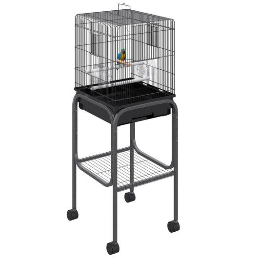 44.5"H Metal Bird Cage, Parrot Play Stand, Wheel, Storage Shelf, Black Bird Cages Black at Gallery Canada