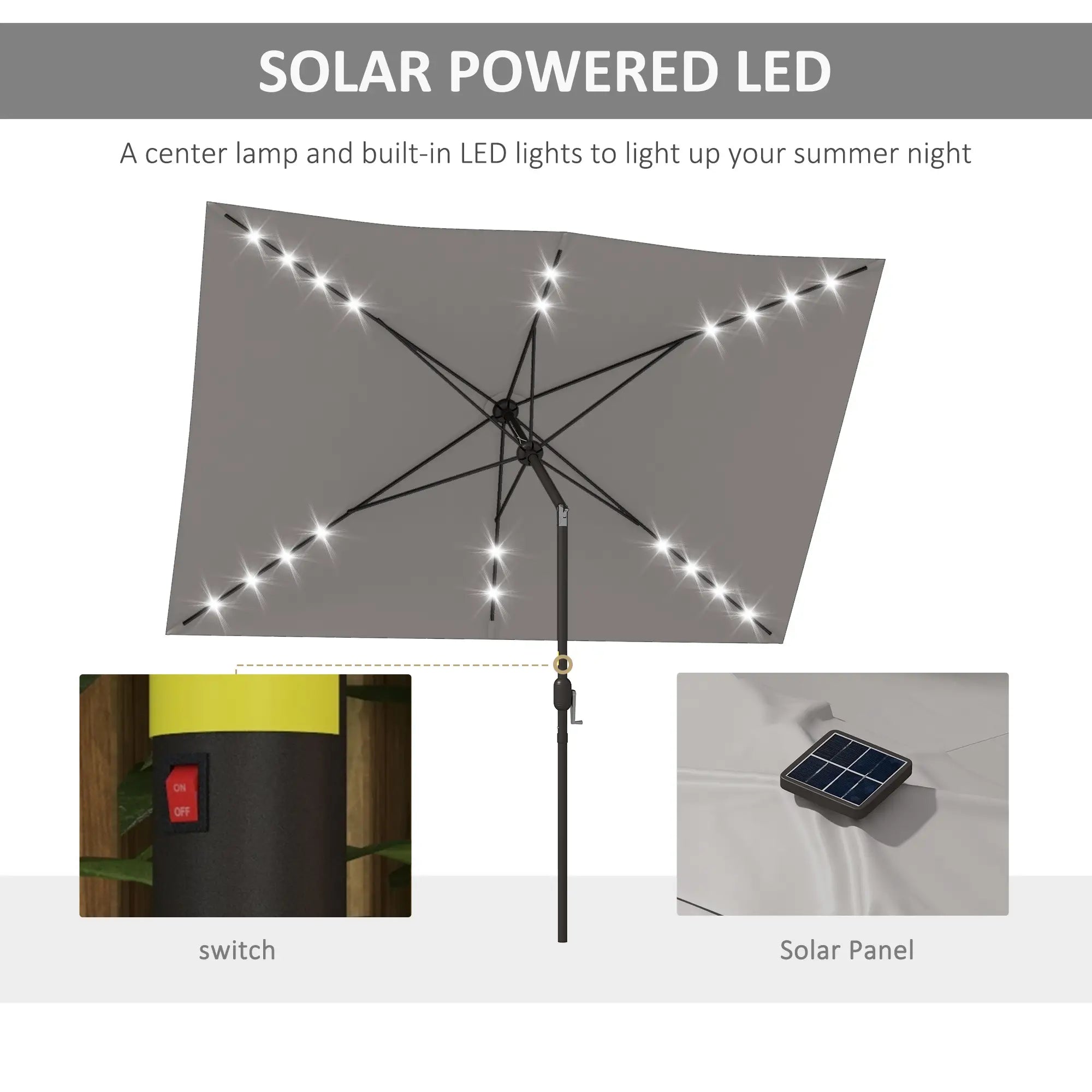 6.5x10ft Light Grey Tilt Aluminum Patio Umbrella, Solar Powered LEDs, Crank, Light Grey Sun Umbrellas at Gallery Canada