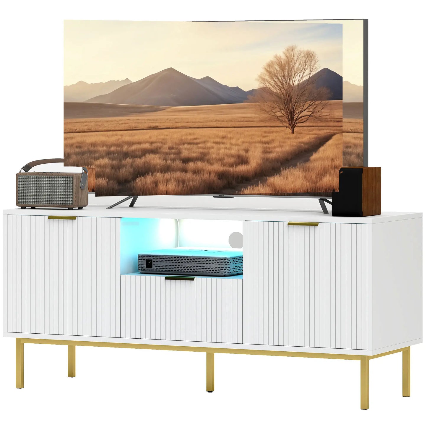 TV Console For 40 Inch TVs, Entertainment Center With RGB LED Lights, White TV Stands Gold, White at Gallery Canada