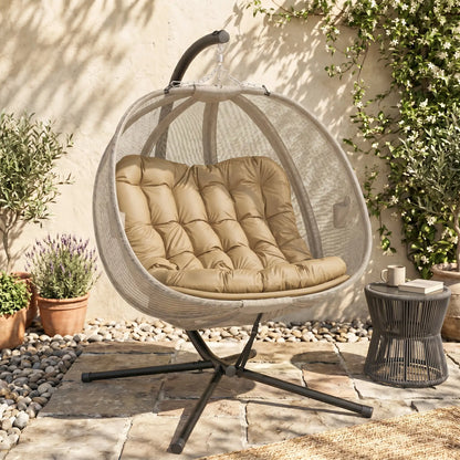 Double Egg Chair with Stand, 2 Person Hanging Swing, Khaki Patio Swings with Stand at Gallery Canada