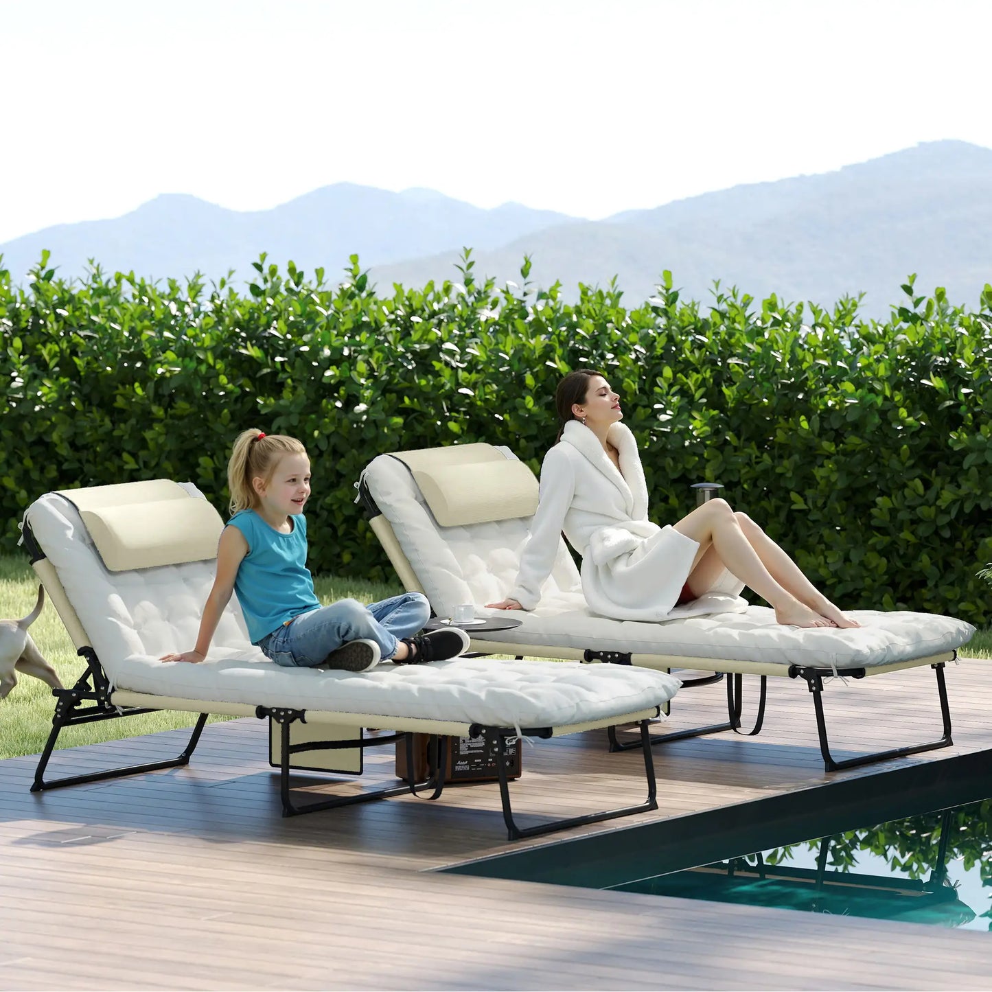 2-Piece Folding Lounge Chairs, Adjustable Backrest, Cushion, Side Pocket, Headrest, Beige Lounger Chairs at Gallery Canada