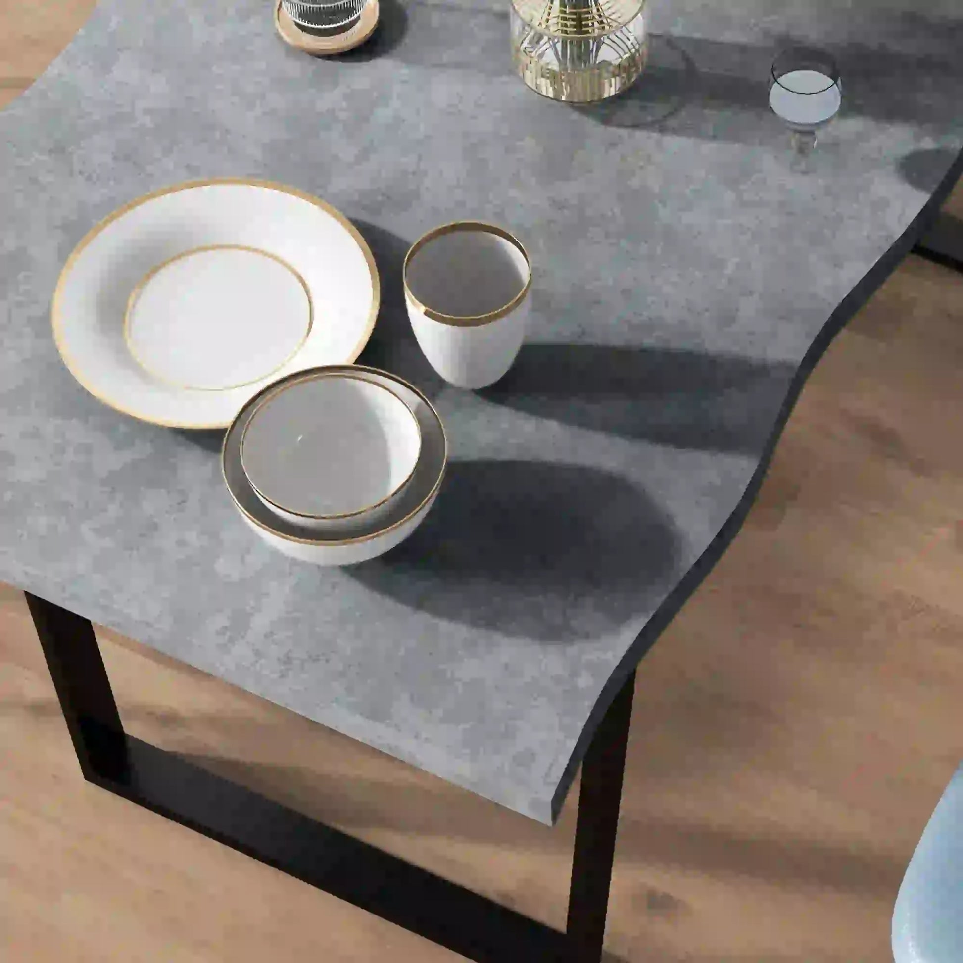 63" Industrial Kitchen Table, Wave-Edged Tabletop, Steel Legs, Cement Grey Dining Tables at Gallery Canada