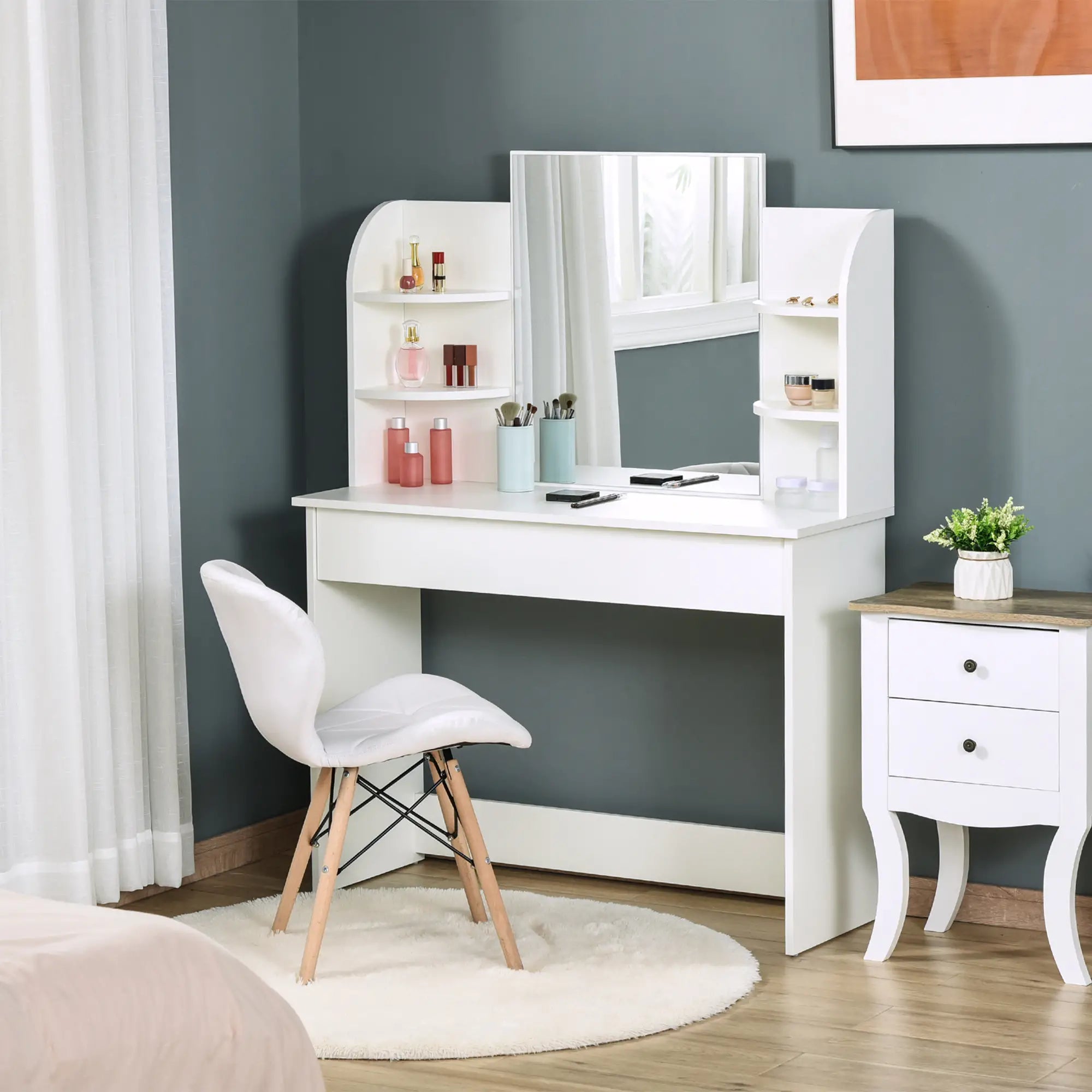 Wood Dressing Table With Makeup Mirror, Big Drawers, Open Shelf, White Dressing & Vanity Tables at Gallery Canada