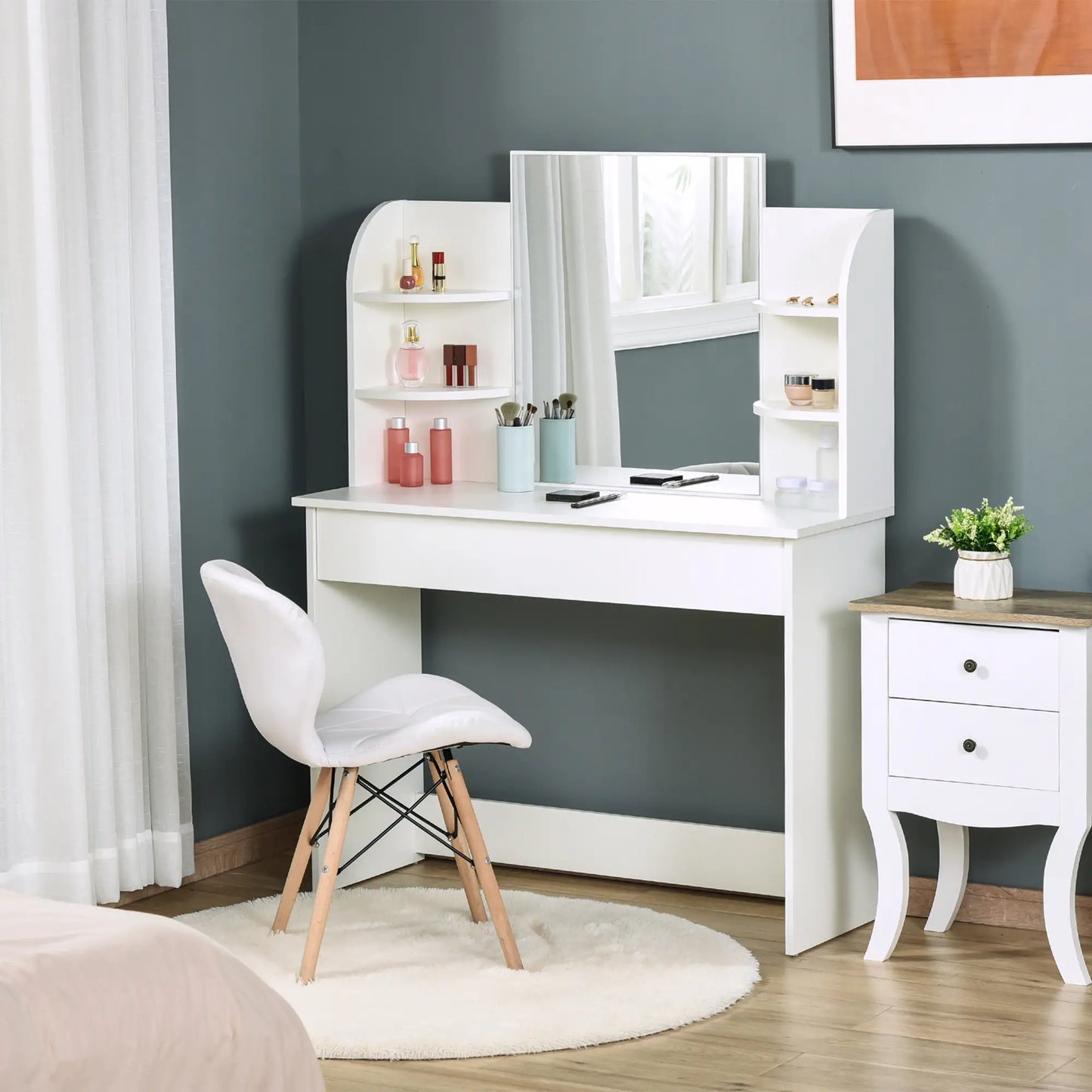 Wood Dressing Table With Makeup Mirror, Big Drawers, Open Shelf, White Dressing & Vanity Tables at Gallery Canada