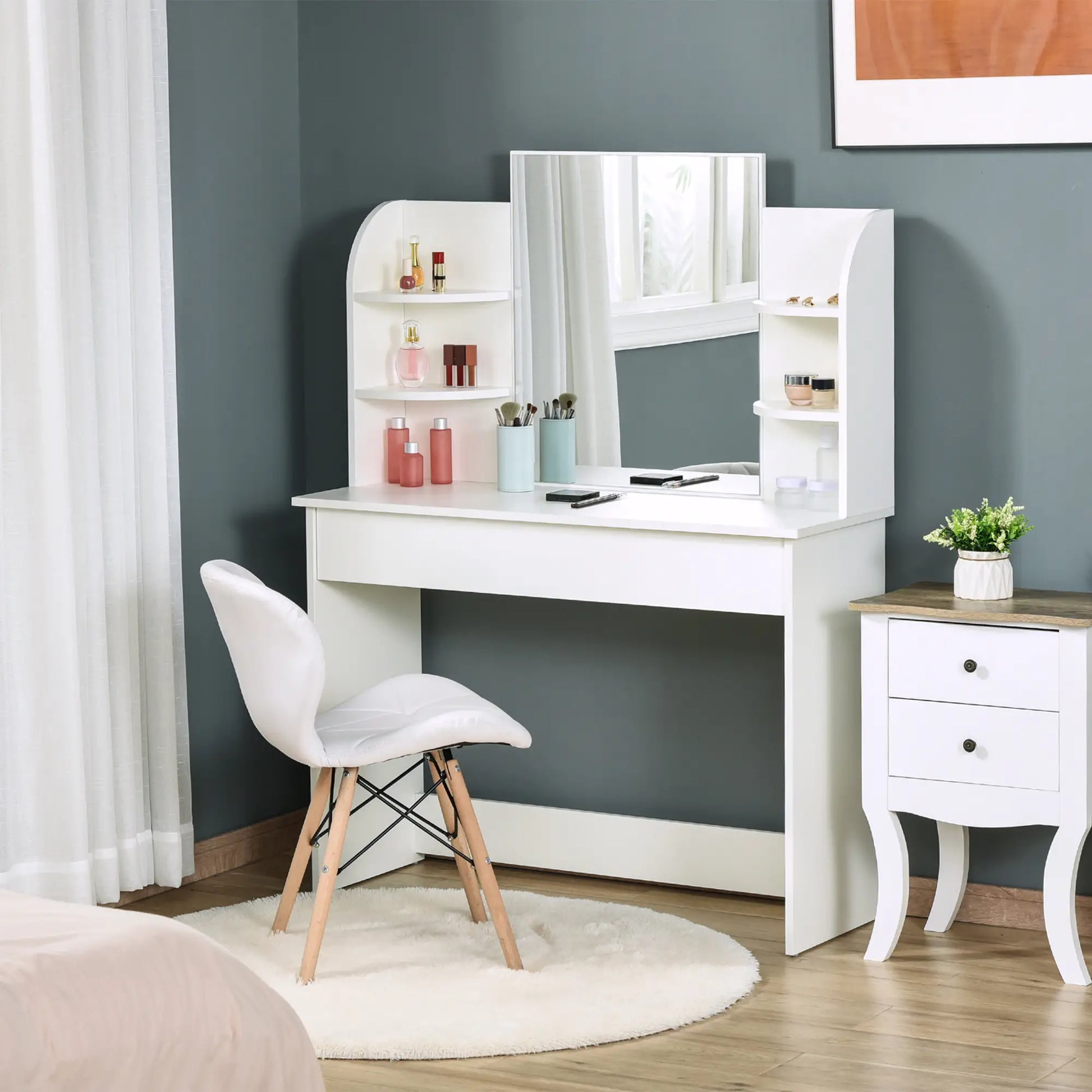 Wood Dressing Table With Makeup Mirror, Big Drawers, Open Shelf, White Dressing & Vanity Tables at Gallery Canada