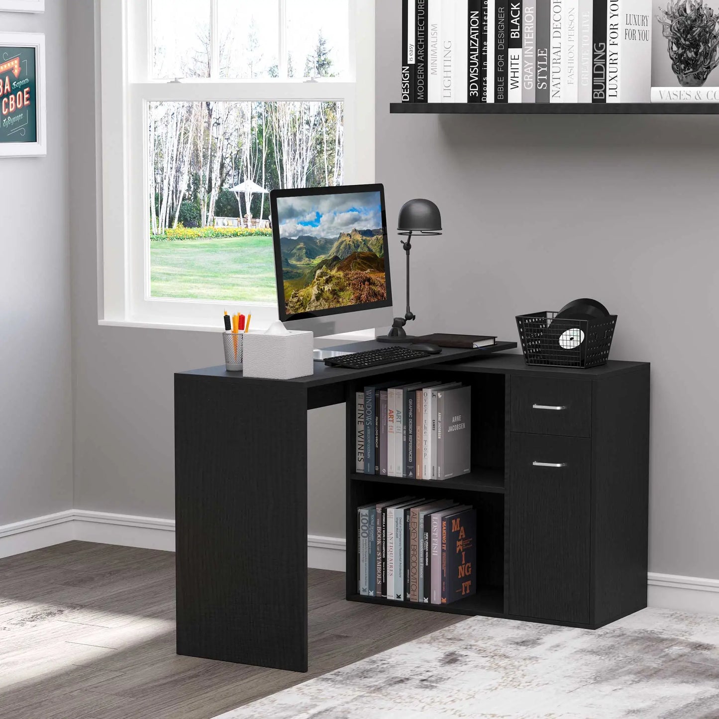 180° Rotating Corner Desk, Storage Shelf Cabinet, Black Writing Desks at Gallery Canada