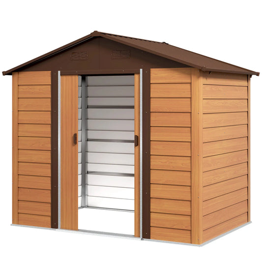 7.7' x 6.5' Metal Garden Shed, Ventilation, Dark Brown Wood Grain