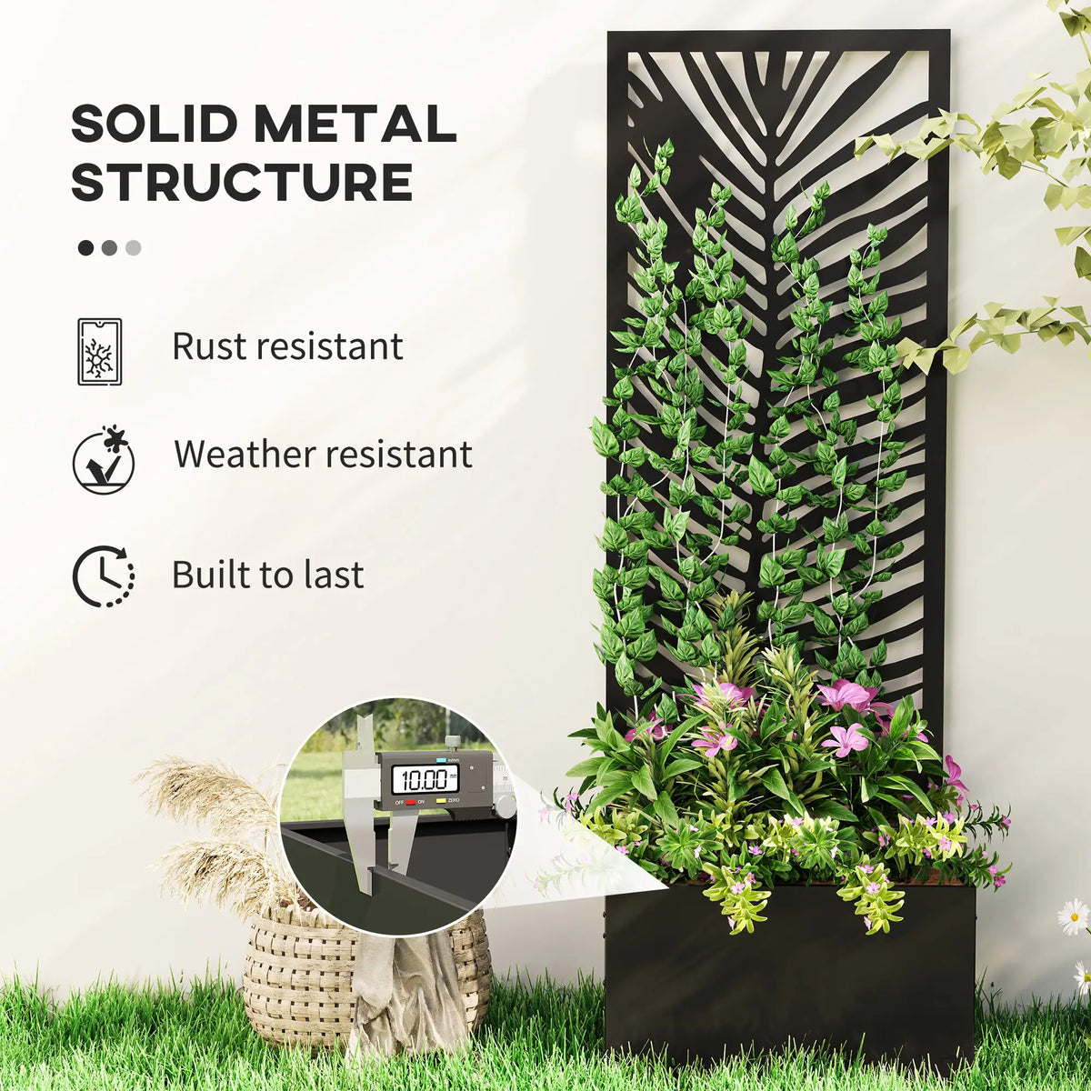 Raised Garden Bed, Outdoor Privacy Screen, Metal Planter Box with Trellis, Wall-Mounted, Black