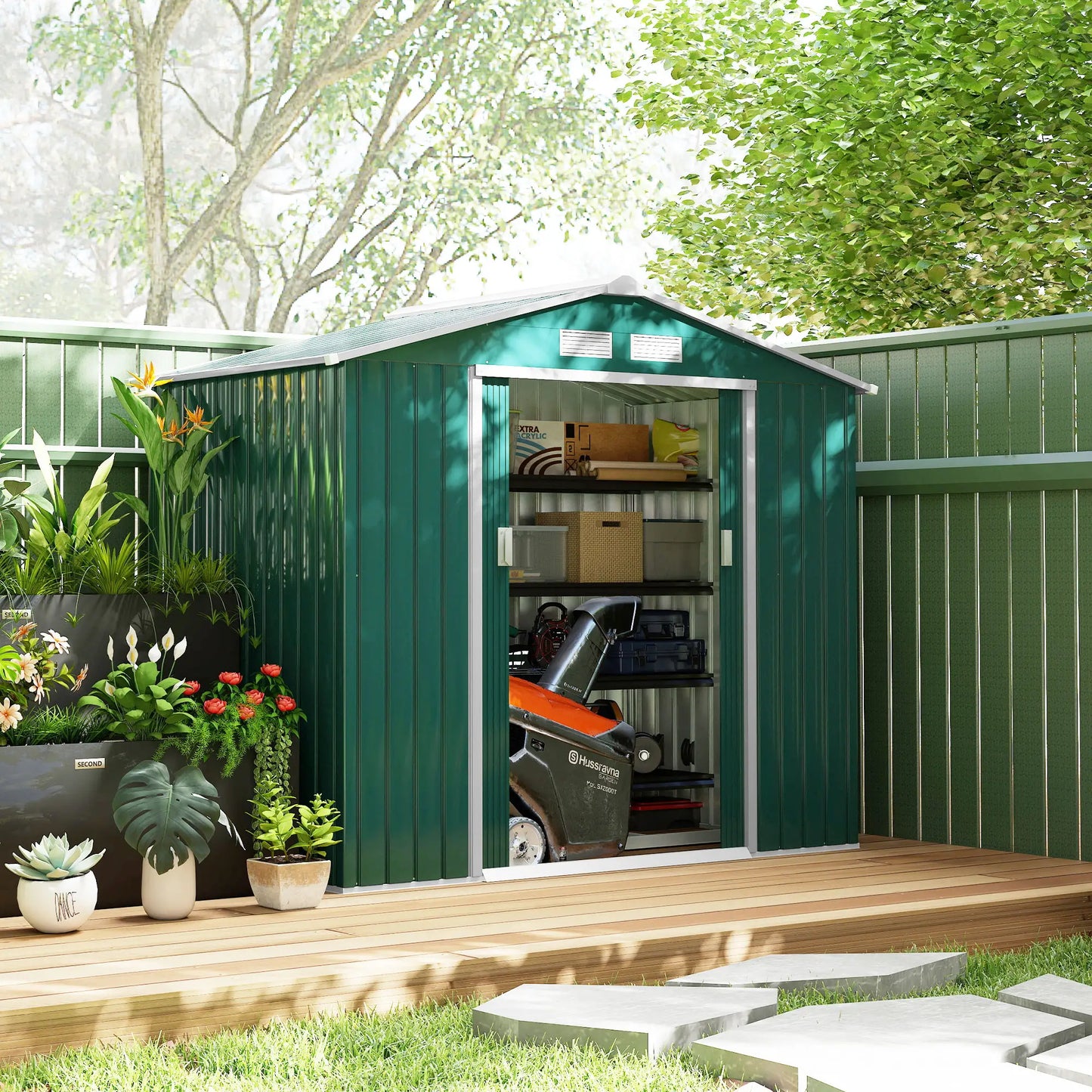 7' x 4' x 6' Garden Storage Shed, Metal Tool House, Green Sheds at Gallery Canada