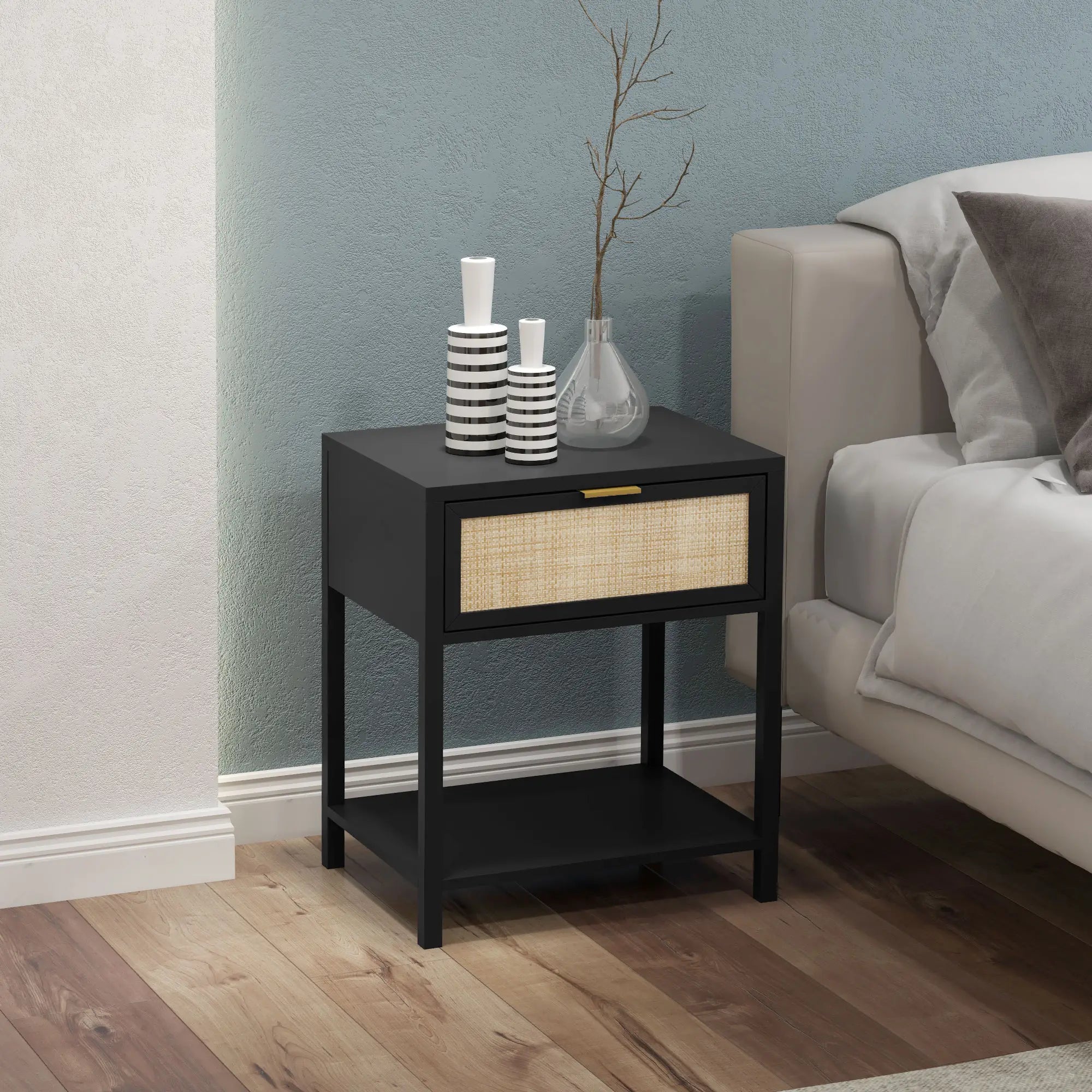 Boho Nightstand, Rattan Drawer, Open Shelf, Bedside Table, Black Bedside Tables at Gallery Canada