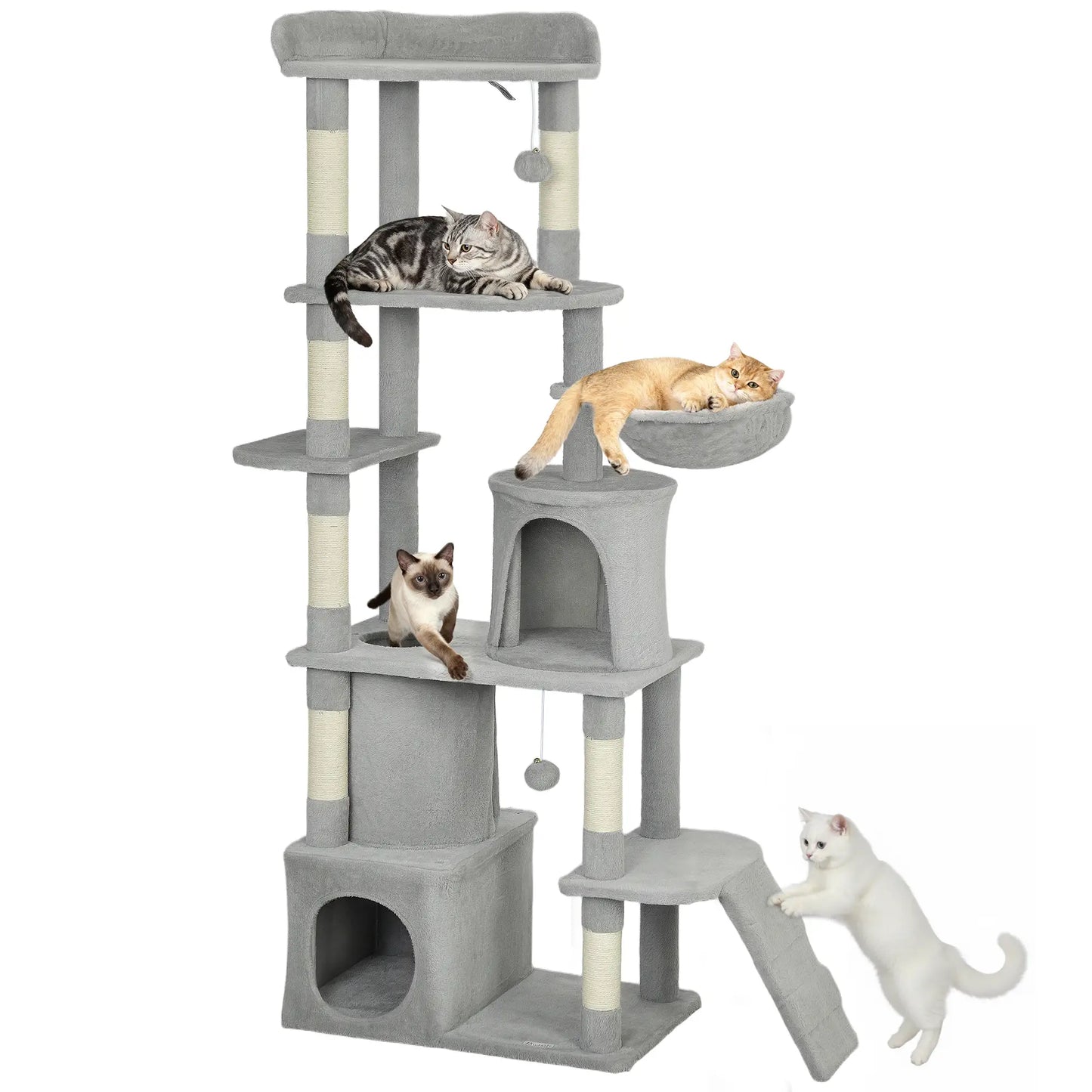 67" Large Cat Tree with 7 Scratching Posts, Tunnel, 2 Condos, Hammock, Perch, Ramp, Pompoms, Light Grey