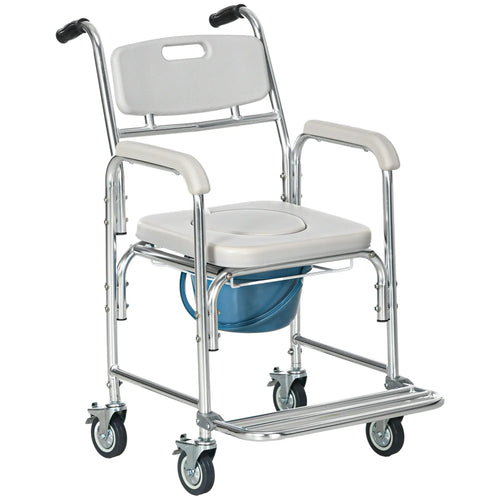 3-in-1 Shower Commode Wheelchair, Padded Seat, Elderly Disabled Transport Chair