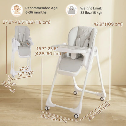 High Chair with Wheels, Double Tray, Foldable Baby Seat with Adjustable Seat Height, Backrest, Footrest and Tray, Grey