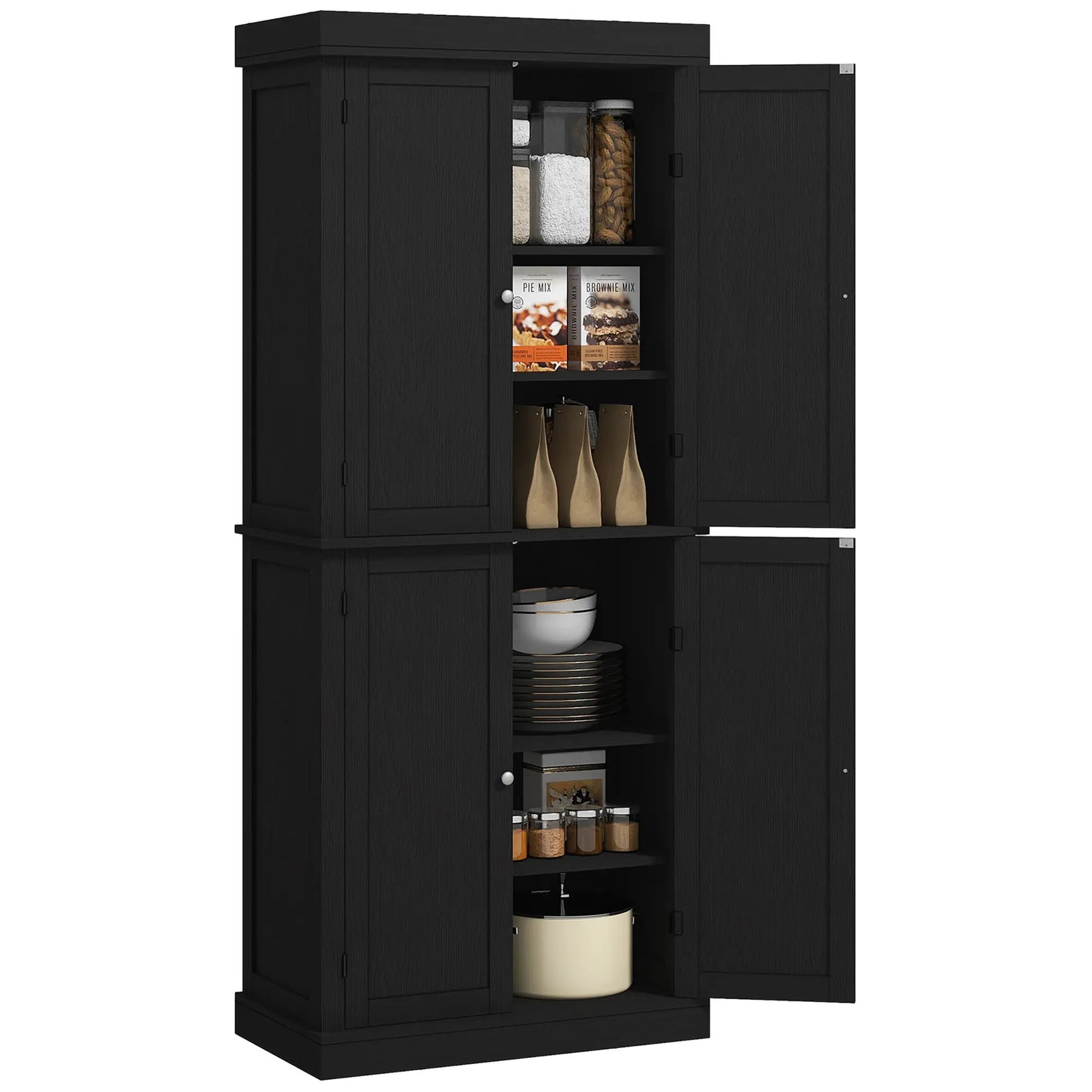 72.5" Freestanding Kitchen Pantry, 4 Doors, Black Kitchen Pantry Cabinets at Gallery Canada