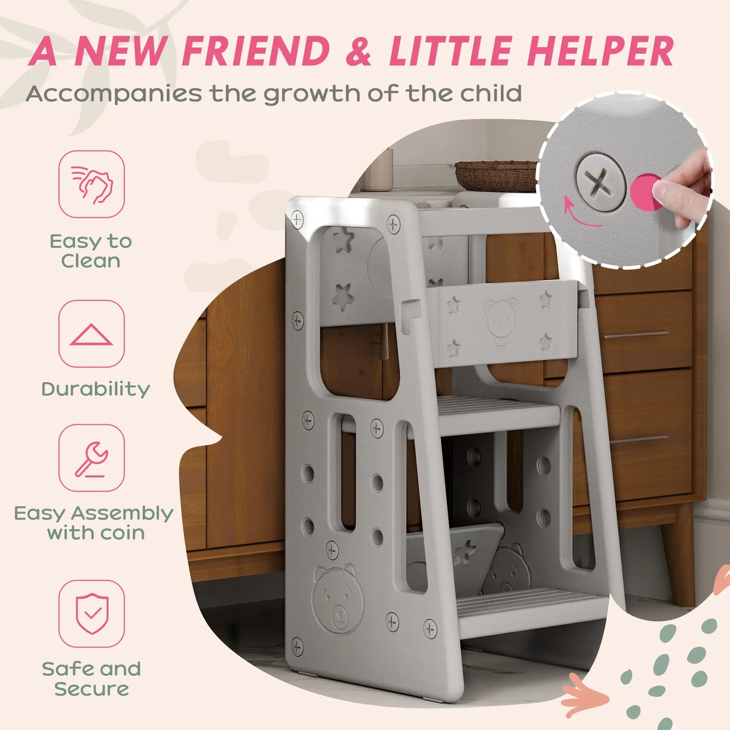 Toddler Kitchen Helper Stool, Adjustable Height, Safety Rail, Grey Toddler & Kids Step Stools at Gallery Canada
