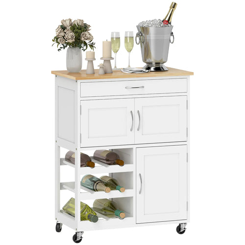 Rolling Kitchen Cart, Island with Storage Drawer, 9-Bottle Wine Rack, White