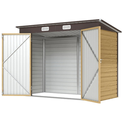 8x4FT Galvanized Metal Garden Storage Shed, Double Doors, 2 Vents, Oak