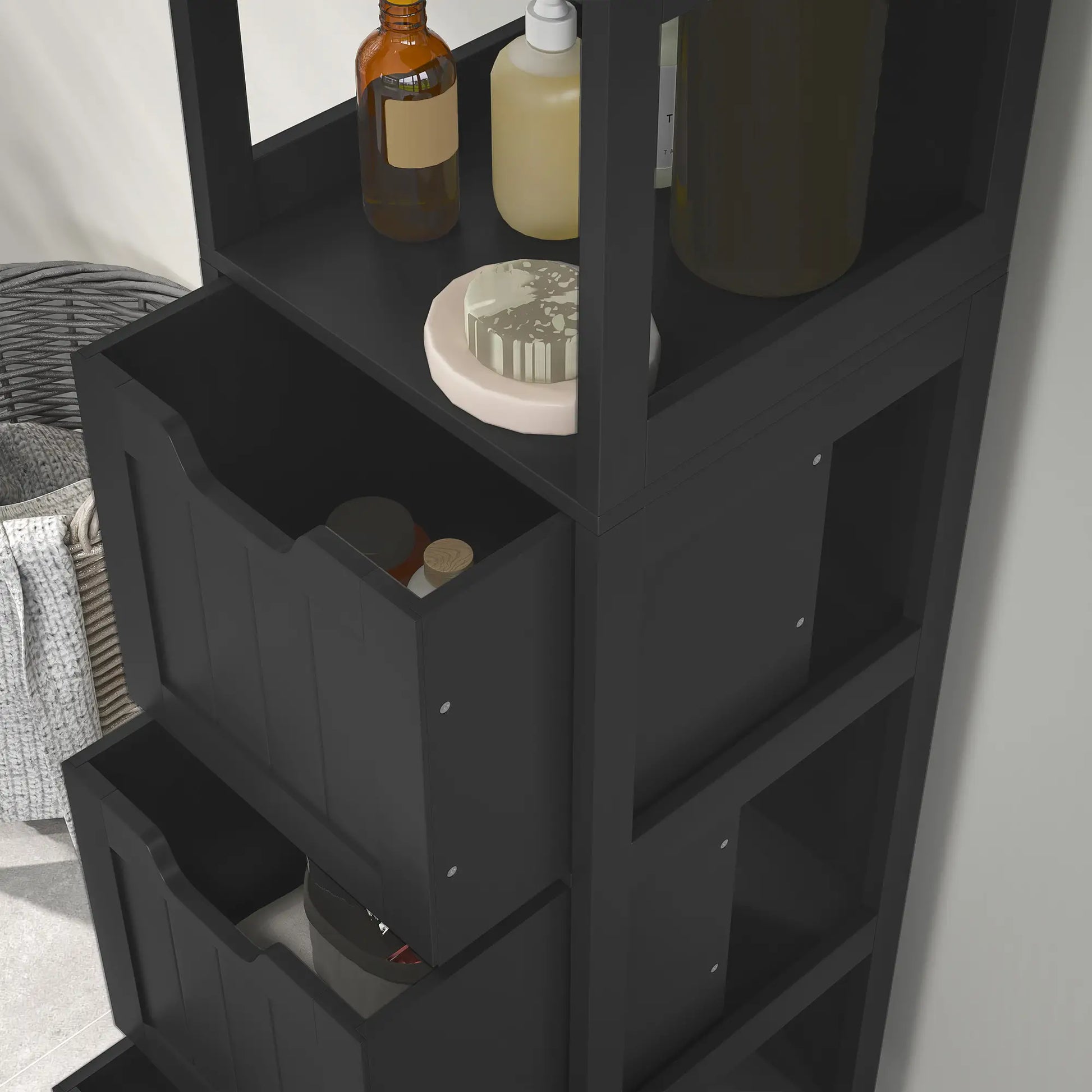 Narrow Bathroom Cabinet, 3 Drawers, 2 Tier Shelf, Tall Cupboard, Black Bathroom Cabinets at Gallery Canada
