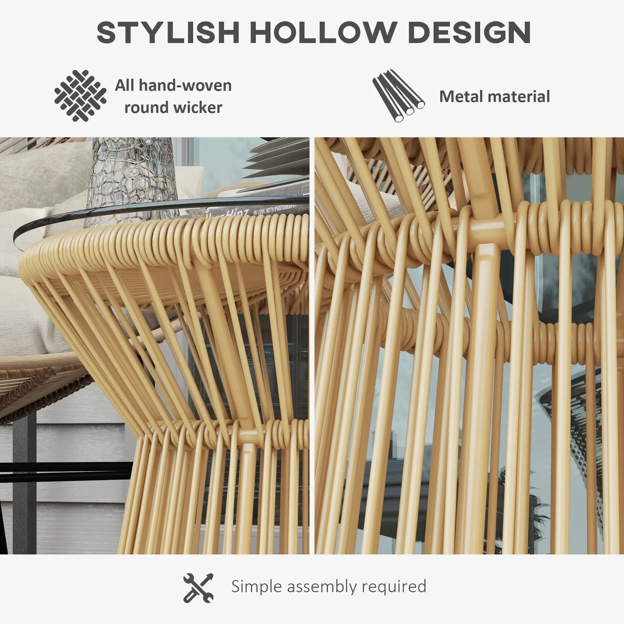 Round Rattan Side Table, Hollow Drum Design, Glass Top, Beige Patio Side Tables at Gallery Canada