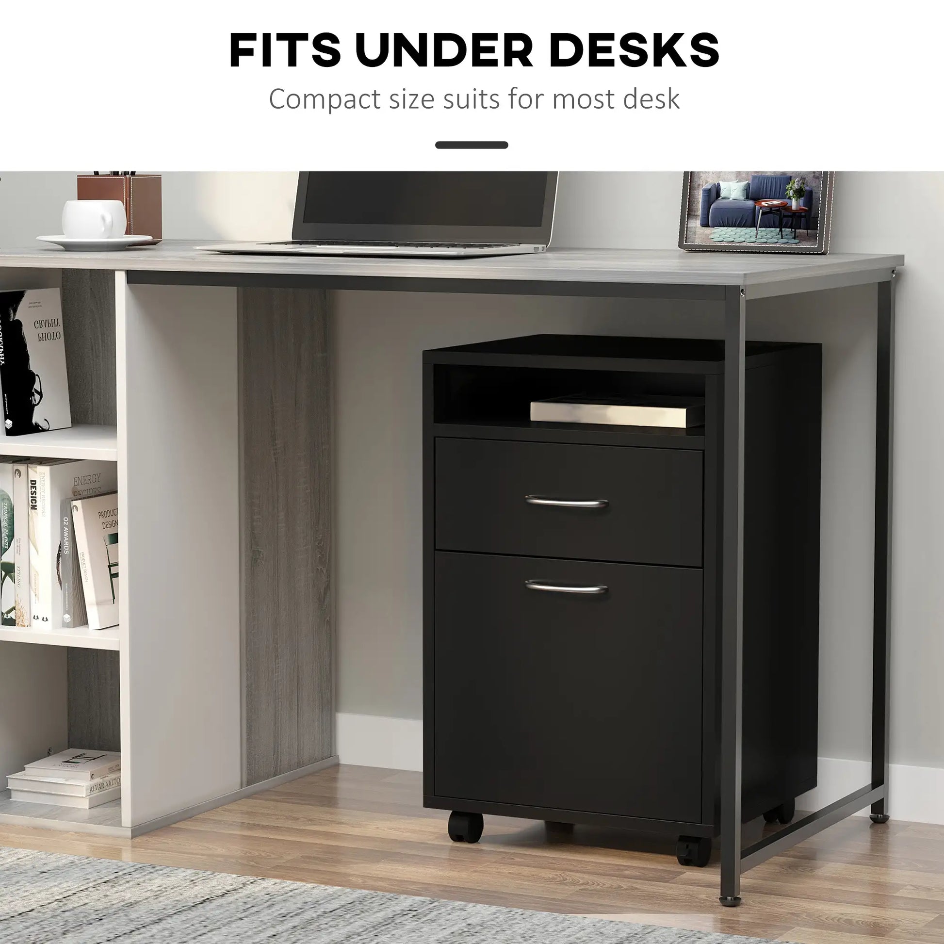 24" Small Filing Cabinet, Open Compartment, Drawer, Wheels, Black Office Cabinets & Cupboards at Gallery Canada