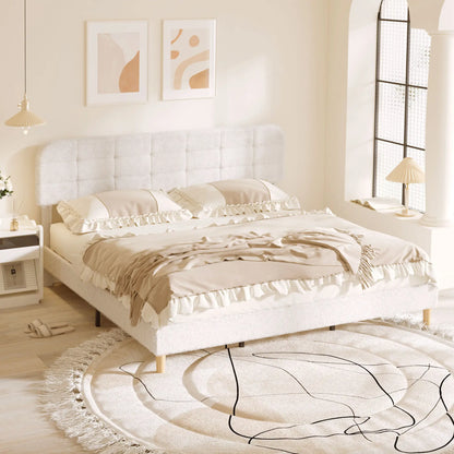 King Size Bed Frame, Adjustable Headboard, Upholstered Platform, White
