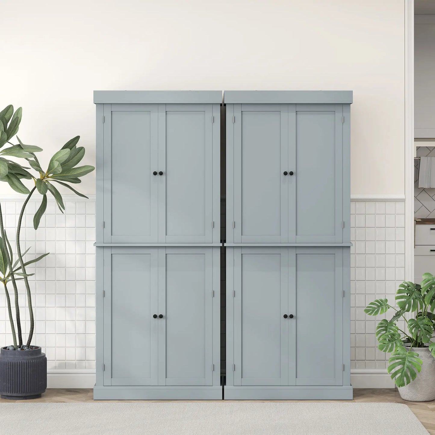 72.5" Freestanding Kitchen Pantry, 4 Doors, Grey Kitchen Pantry Cabinets at Gallery Canada