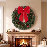 Couronne de Noël artificielle de 24 pouces, 50 lumières LED, nœud, vert