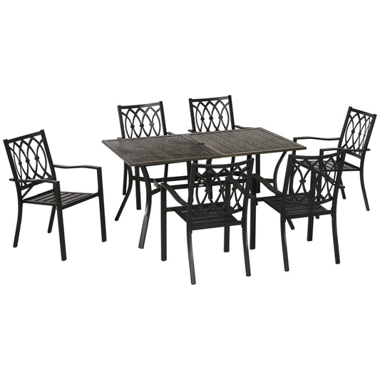 7 Pieces Outdoor Dining Set for 6 with Stackable Chairs with Wood Grain Top, for Garden, Patio, Backyard, Brown - Gallery Canada