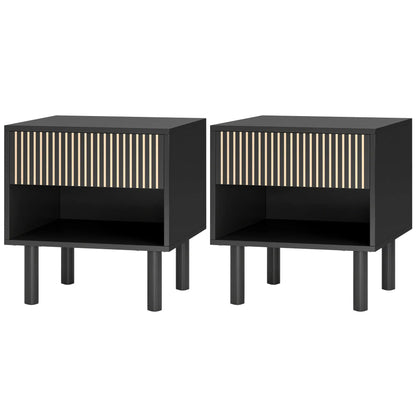 Modern Bedside Table with Drawer and Open Shelf, Sofa Side Table for Bedroom Living Room, Set of 2, Black Bedside Tables Black at Gallery Canada